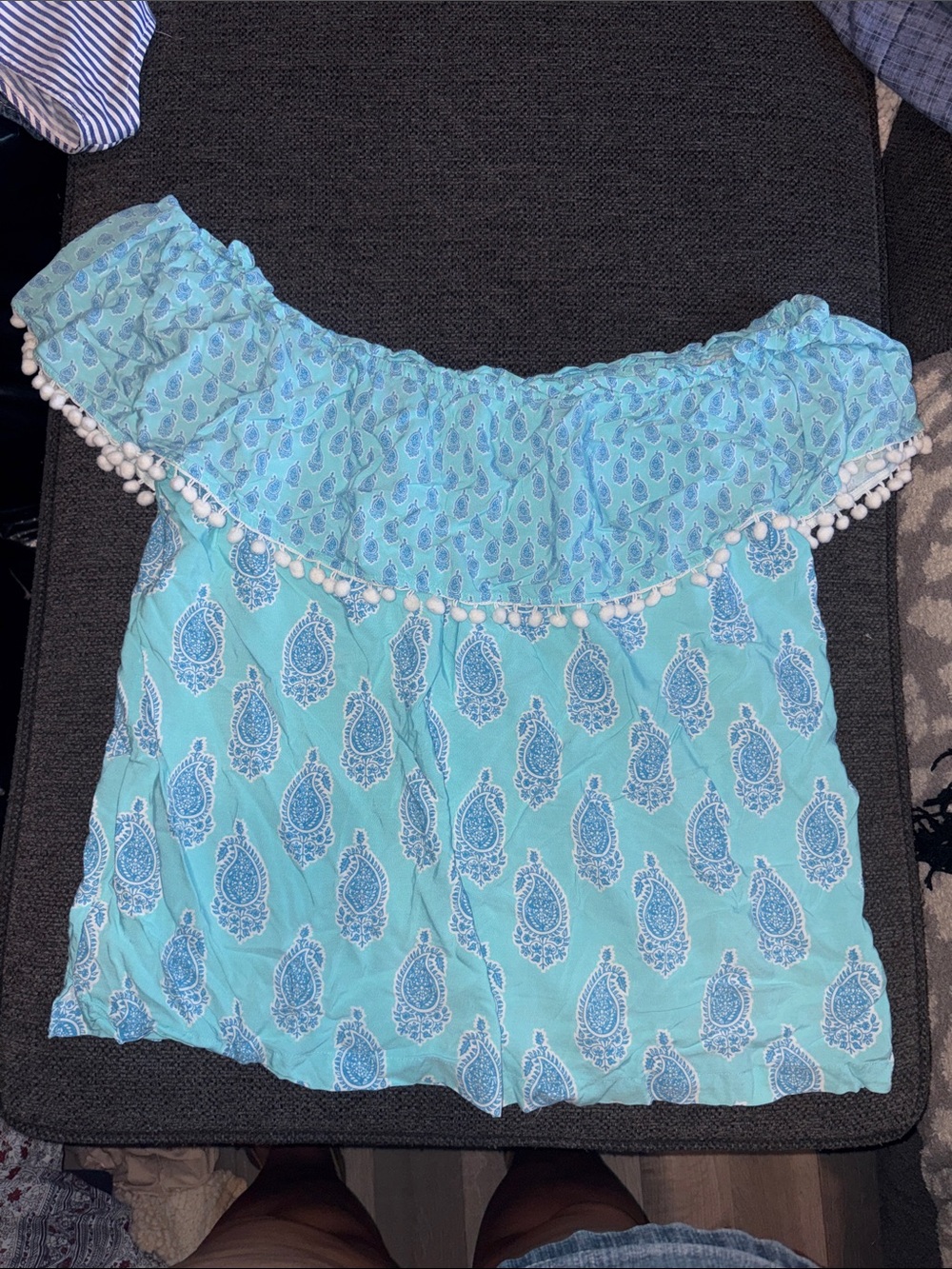 crown & ivy Aqua Paisley Off-Shoulder Top with White Pom Trim